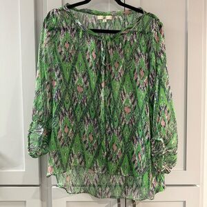Ya Los‎ Angeles Silk Blend Sheer Button Up Blouse with Tie at Neck Green Print